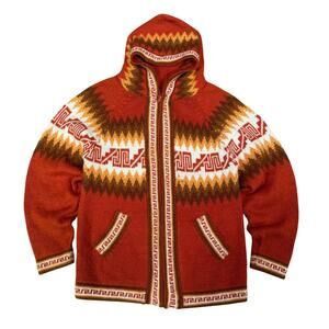 Vintage Andean Style Knit Zip Hoodie Sweater Orange Geometric Pattern Wool Blend